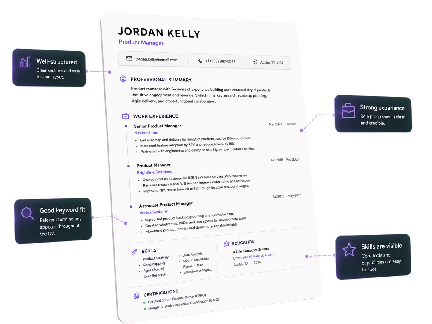 Annotated CV audit showing strengths, structure, keywords, and visible skills