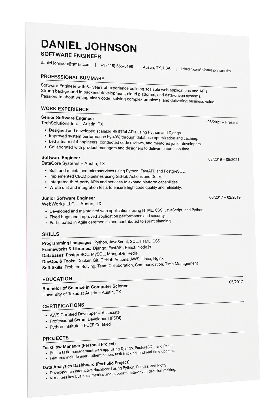 ATS CV preview for Daniel Johnson