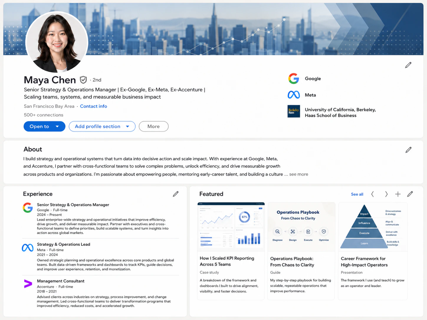 LinkedIn profile after the audit with focused positioning, stronger proof, and a complete profile