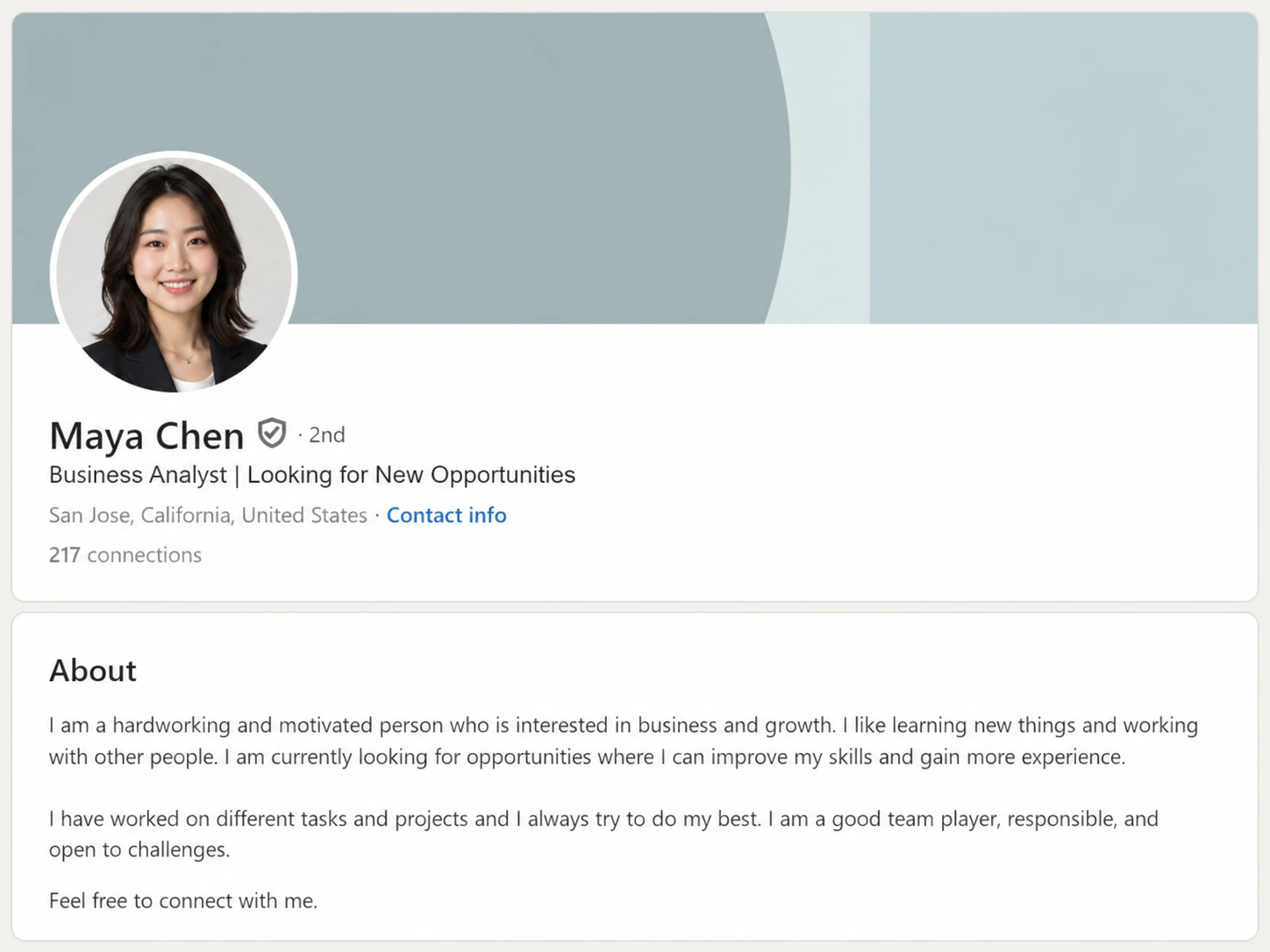 LinkedIn profile before the audit with a generic headline and broad About section